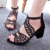 New Style Women Summer Hollow Out Faux Leather Rhinestones Thick Heel Zipper Sandals Shoes Eur 35 -40