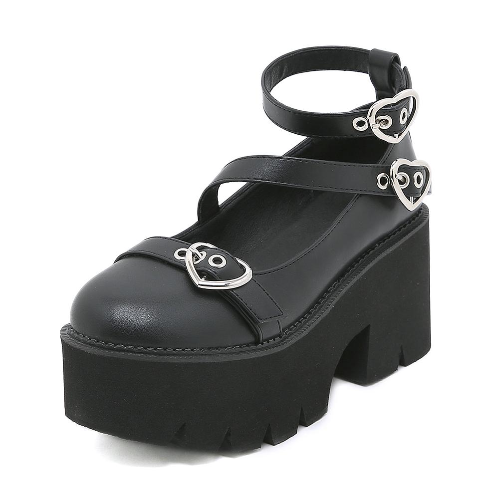 Gdgydh Женские туфли Мэри Джейн на платформе на массивном каблуке с весенней крестообразной повязкой Kawaii Cospaly с пряжкой в ​​форме сердца