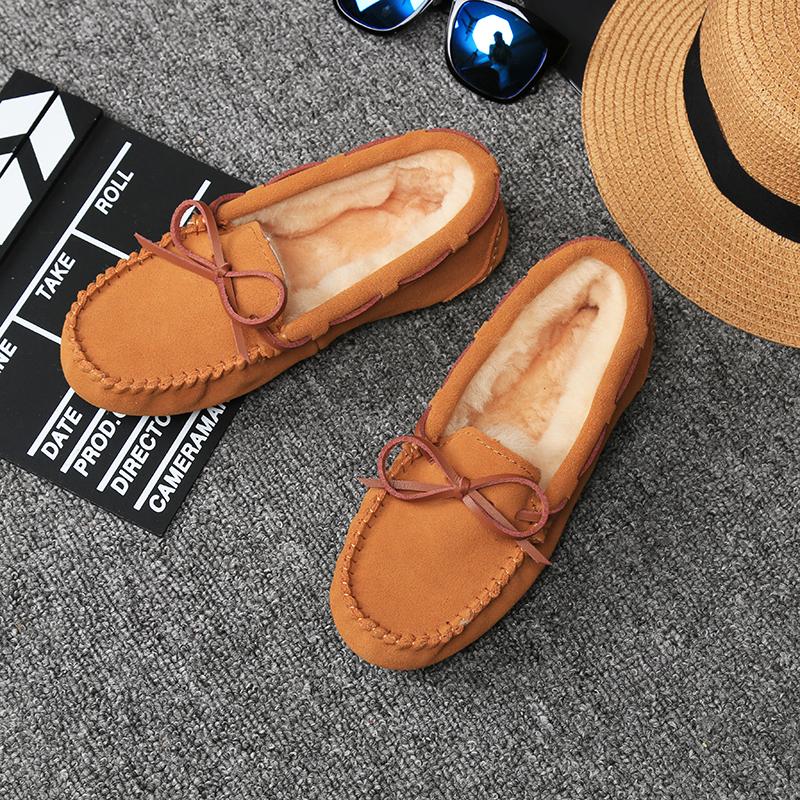 Women Winter Warm 100% Genuine Leather Flat Shoes Casual Loafers Slip On Women's Flats Plush Shoes Moccasins Lady 2024
