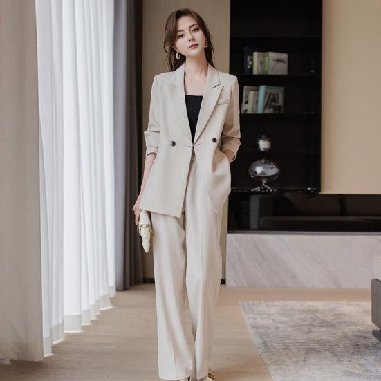 3 Pcs/Set Lady Formal Suit Coat Pants Set Turn-down Collar Button Decor Long Sleeves Jacket Loose Pure Color Trousers Casual Commuting Business Outfit