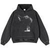 Streetwear French Bulldog Graphic Washed Black Oversized Unisex Long Sleeve Hoodie