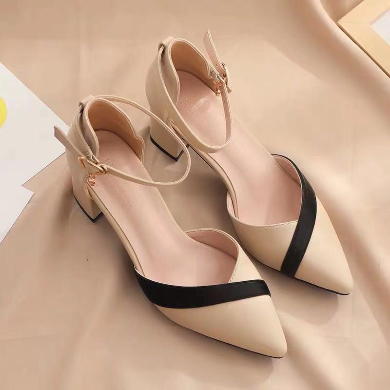 Single Shoes Female Elegant Style Sandals Fairy Thick Heel New Pointed Middle Heel Fashion One-button High Heels