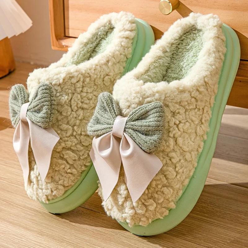 Winter Plush Bowknot Slippers Women  Korean Christmas New Year Warm Soft Home Indoor Casual Flat Bottom Slippers Gift Shoes