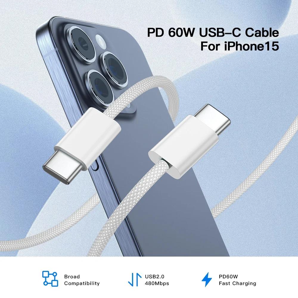 60W USB C To USB C Fast Charging PD Cable For iPhone 15 16 Pro Max 15 Plus Samsung Huawei Honor Xiaomi Redmi Type C Braided Wire