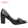 Aphixta Elegant Square Heels Patent Leather Official Pumps Women Bling Sequins Butterfly-knot Pointed Toe Dress Shoes Woman