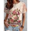 Summer Round Neck 3D Breathable Short Sleeved Retro Floral Pattern Top Loose and Casual Women's T-shirts