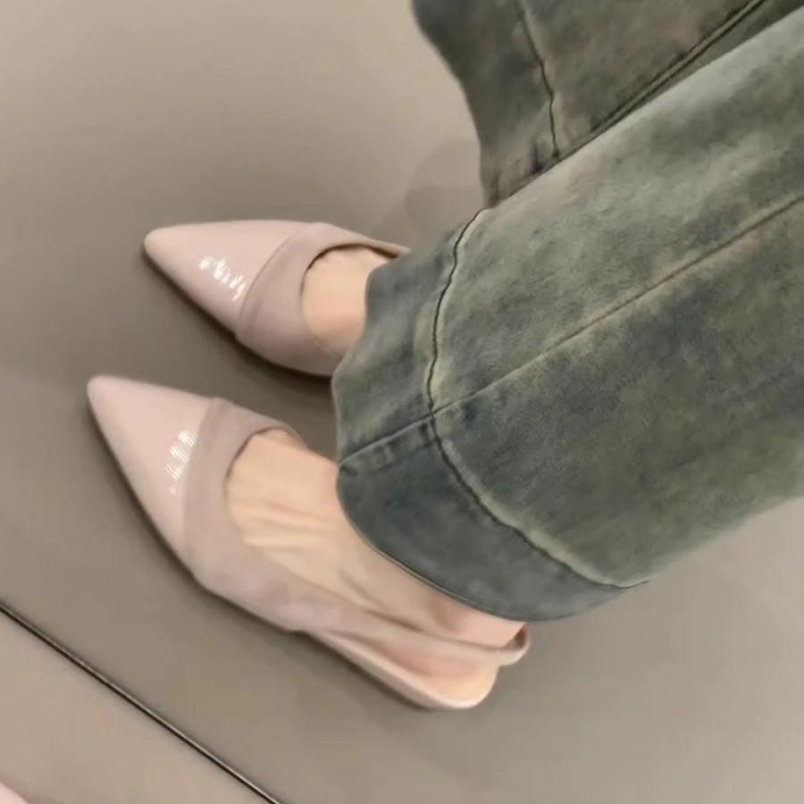 Soft Leather Version~ French Gentle Wind Nude Wedge Heel Single Shoes Pointed Head Light Mouth Commuting Temperament Empty Bag Head Sandals Women