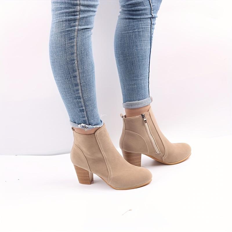 Women's Round Toe Side Zipper High Block Heel Ankle Boots - Beige Cover-Like Fabric Upper, Dressy Ankle Boots | Stylish Ankle Boots