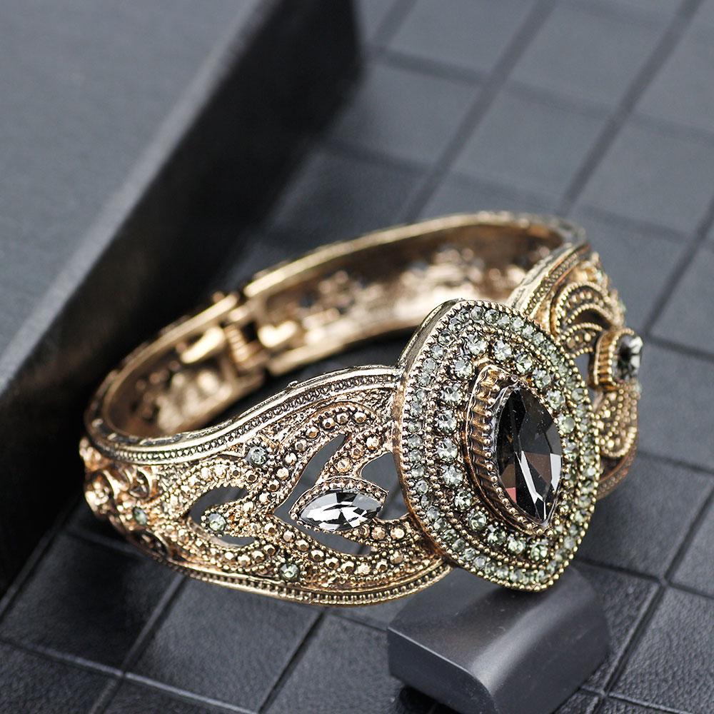 Gray Crystal Bangle for Women Antique Gold Color Charm Cuff Bracelets