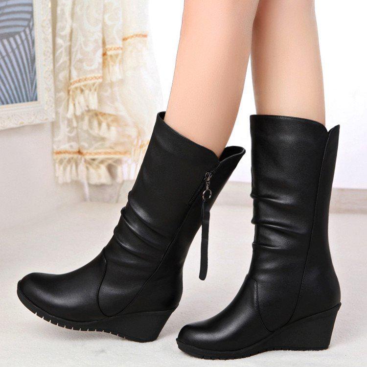 Fashion Autumn Winter Women's Mid-Calf Boots Fashion PU Black Wedge Botas Mujer Round Toe Side Zip Warm Plush Snow Boot Botas Para Mujer