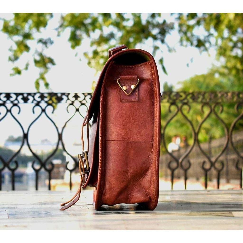 Vintage Goat Leather Messenger Shoulder Backpack Laptop Bag Satchel Convertible