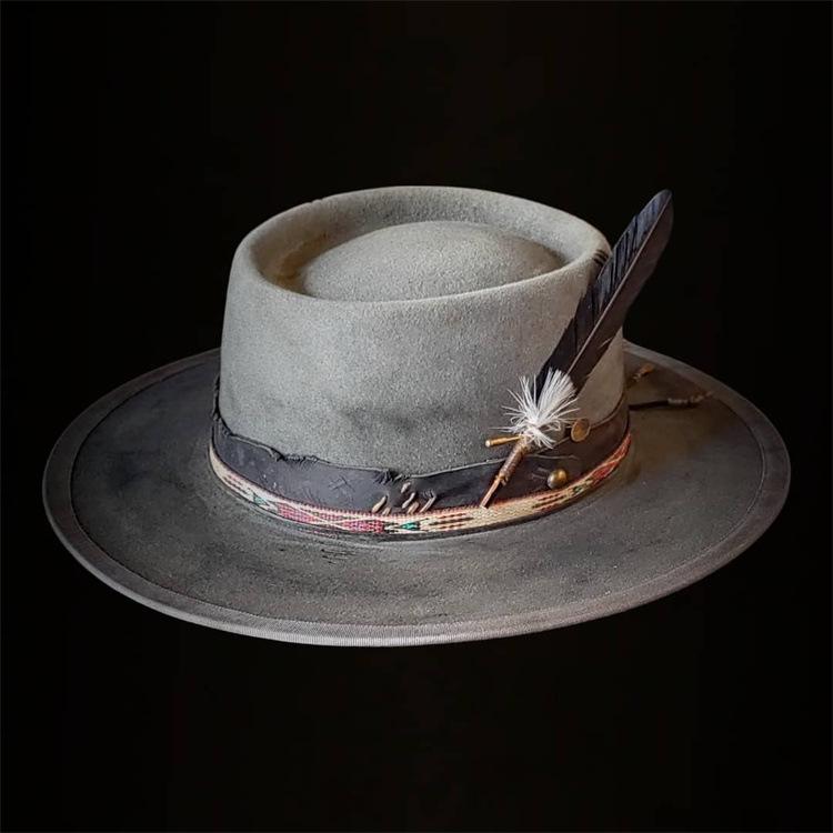 Pork Pie Top Sheep Felt Hat Solid Sheep Felt Hat Feathered Pure Wool Felt Hat