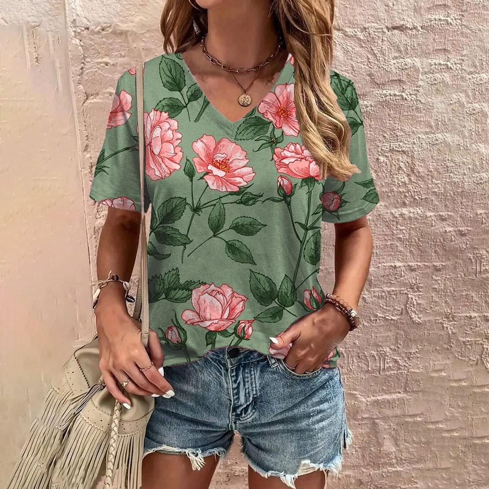 Summer Comfortable Women's T-shirt Fashion Flower Pattern Print Leisure Elegant V-neck T-shirt Daily Women's T-shirt