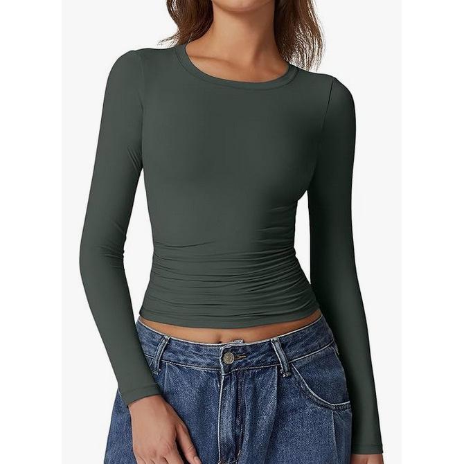 European & American Long Sleeve Round Neck Milk Silk Pullover Tops for Women