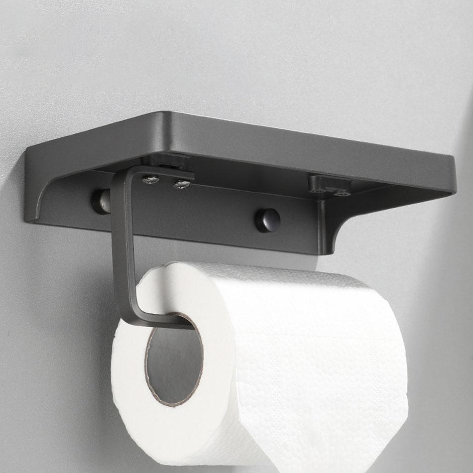 Paper Holder with Shelf Aluminum Black White Grey Wall Mount Kitchen Bathroom Toilet Paper Towel Roll Rack Storage Tissue Hanger