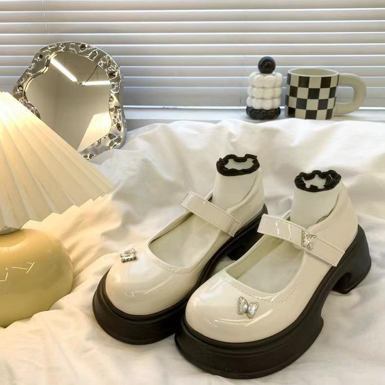 Platform Mary Jane Small Leather Shoes Women's 2024 Spring and Autumn New British Style Shoes Round Head Velcro French Single Shoes