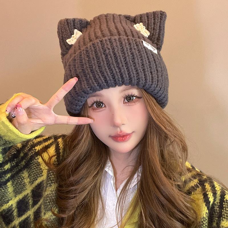 Korean Bow Hat Women's Cute Cat Ear Knitted Hat Outdoor Warm Versatile Wool Hat Student Pullover Cold Hat