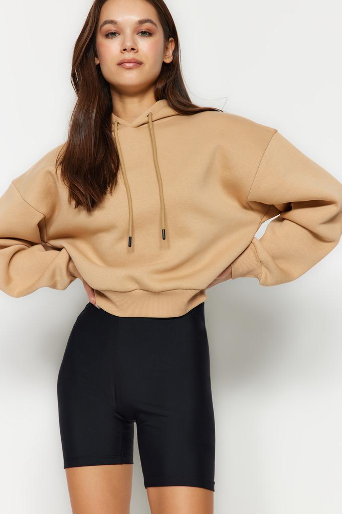 Women's Fashion Sweatshirt Hooded Long Emerald Green Regular Fit Embroidered Hooded Knitted Sweatshirt with Fleece Inside