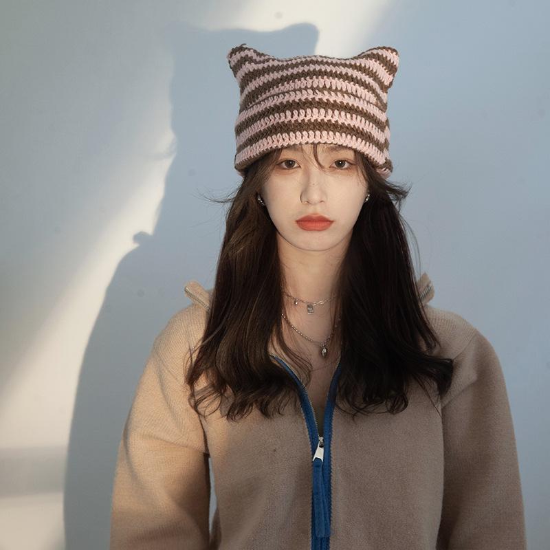 Cute Devil Horn Knitting Striped Beanie Hat Autumn Winter Knitted Wool Caps Girl Cat Ear Pointed Pullover Women Bonnet Hats