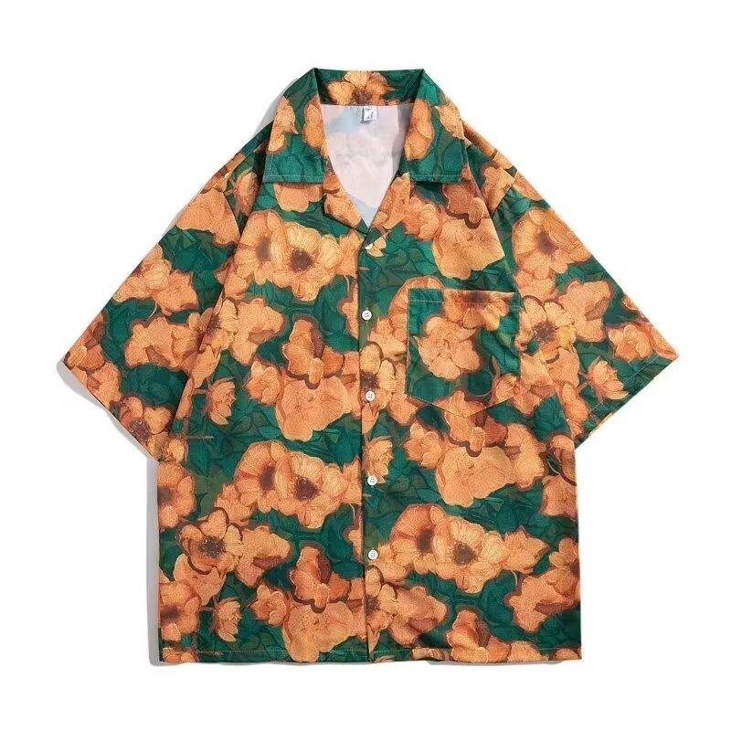 Мужская рубашка в стиле ретро, мужской летний наряд, студенческий свободный крой, нишевый дизайн, повседневный мужской топ, верхняя одежда, пляжный топ