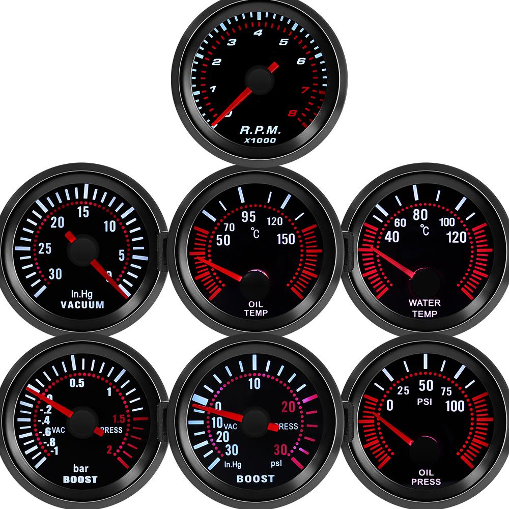 52mm Car Gauge Smoke Len Tachometer RPM Turbo Boost Gauge Bar PSI Vacuum Water Temp Meter Oil Pressure Gauge For 12V Gasoline