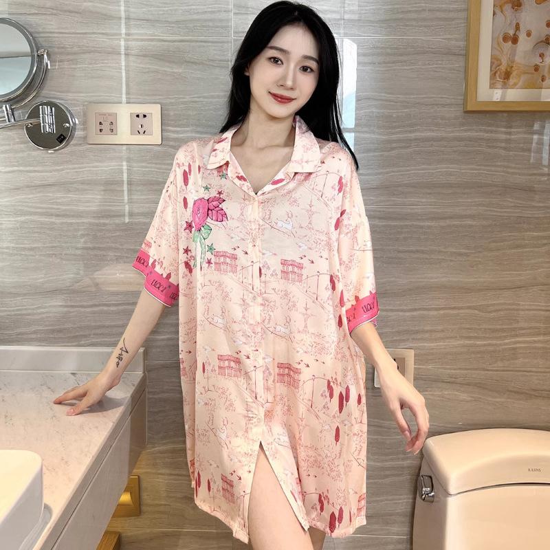 Pink Sweet Wind Loose Rose Print Shirt Nightdress Women's Casual Fashion Can Be Worn Outside Loungewear