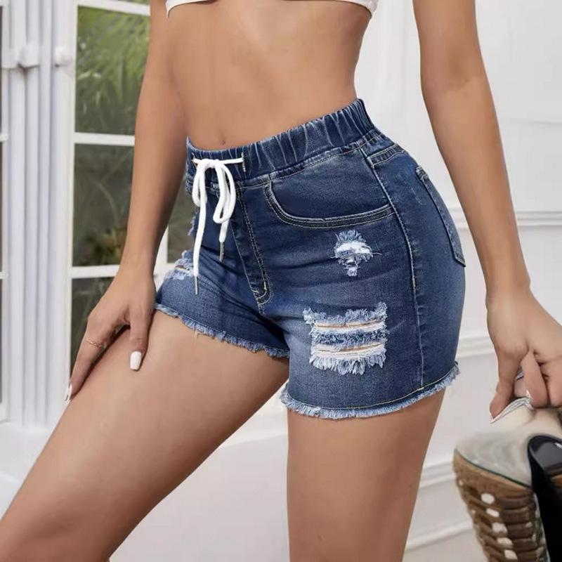 New Women's Denim Shorts Elastic Waist Stretch Jeans Ripped Slim Fit Fringe Denim Hot Pants
