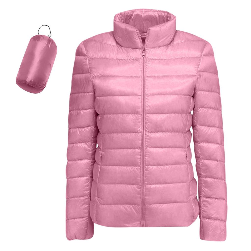 Women's Lightweight Down Jacket, Solid Color, Stand Up Collar, Down Jacket With Pockets