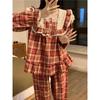 Lace Home Soft Loose Plaid British Style Sweet Long Sleeve Pajama Set Women Girlish Princess Spring Elegant Casual Sleepwear