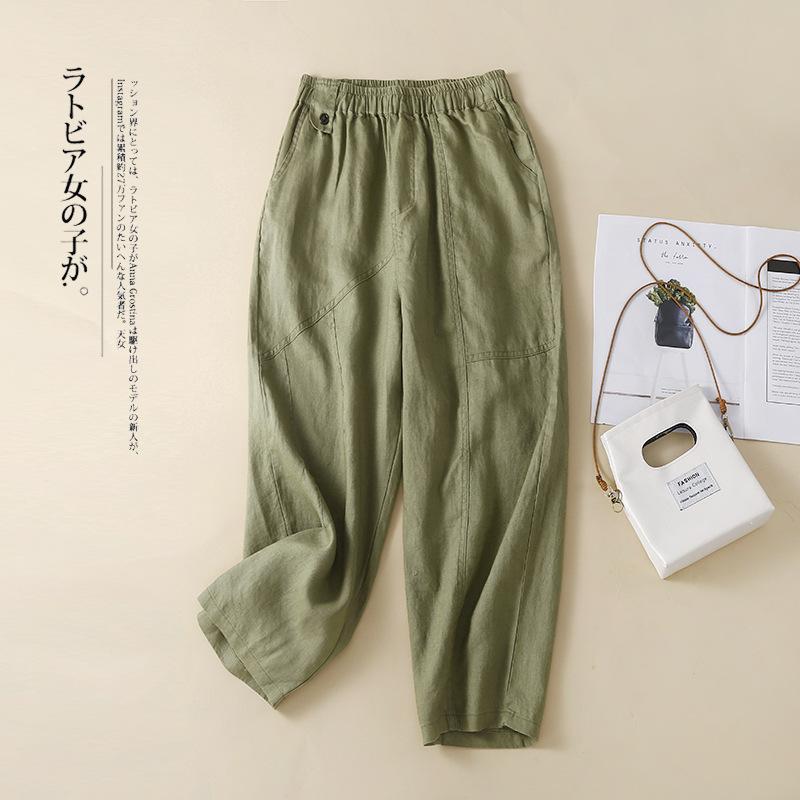 Spring and Summer Literary Retro Cotton Linen Harem Trousers Plus Size Women's Elastic Waist Solid Colour Versatile Cropped Pants