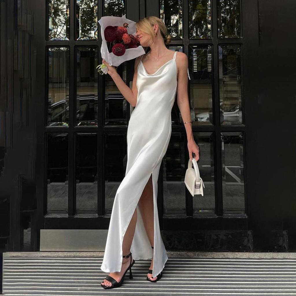 Women Sleeveless Solid Color Ankel-Length Slip Dress V-neck High Waist