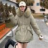 Women's Mid-Length Cotton Jacket with Large Fur Collar, Hooded, Winter 2024 Style, Warm Outerwear.