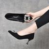 Модные туфли на высоком каблуке весна новые элегантный темперамент квадратный бриллиант острый носок тонкий каблук с мелким вырезом женские туфли-лодочки овечья кожа женская обувь