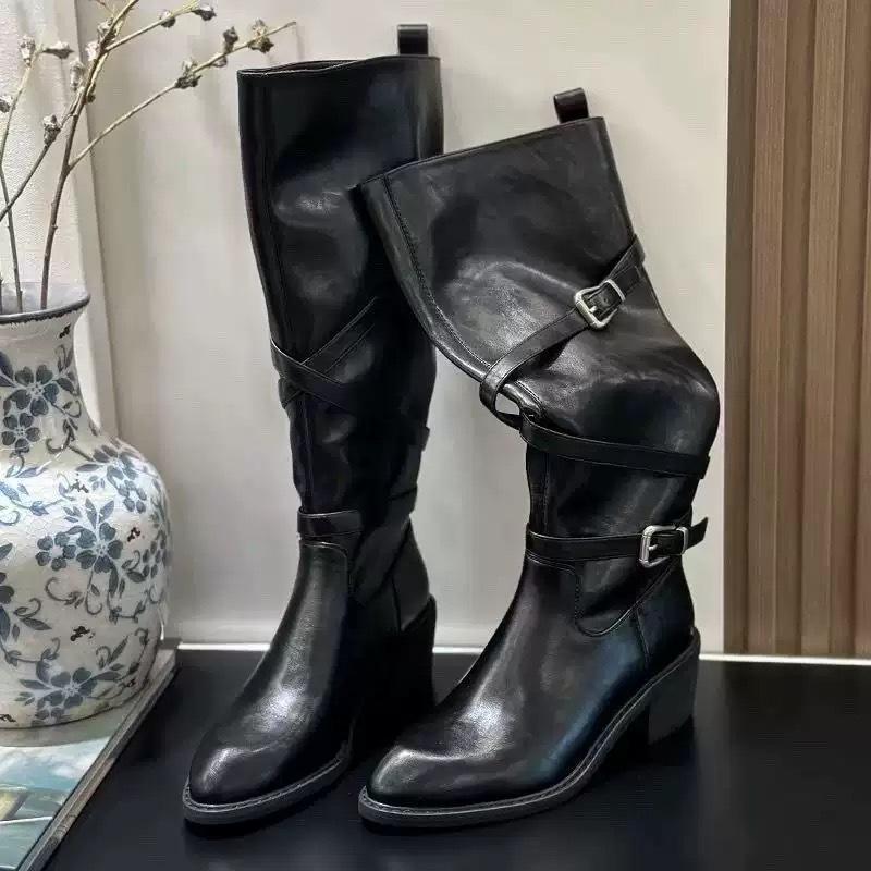 Cowhide Version Boots Women's Autumn and Winter Retro Boots Thick Heel Knight Boots Arrow Boots Cross Buckle High Boots