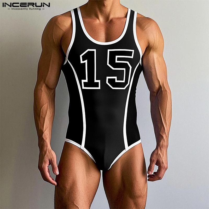 INCERUN Men Strap Sleeveless Letter Print Briefs Bodysuits Jumpsuits Underwear