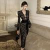 Women's Temperament V-neck Lace-up Slim Lace Long-sleeved Dress