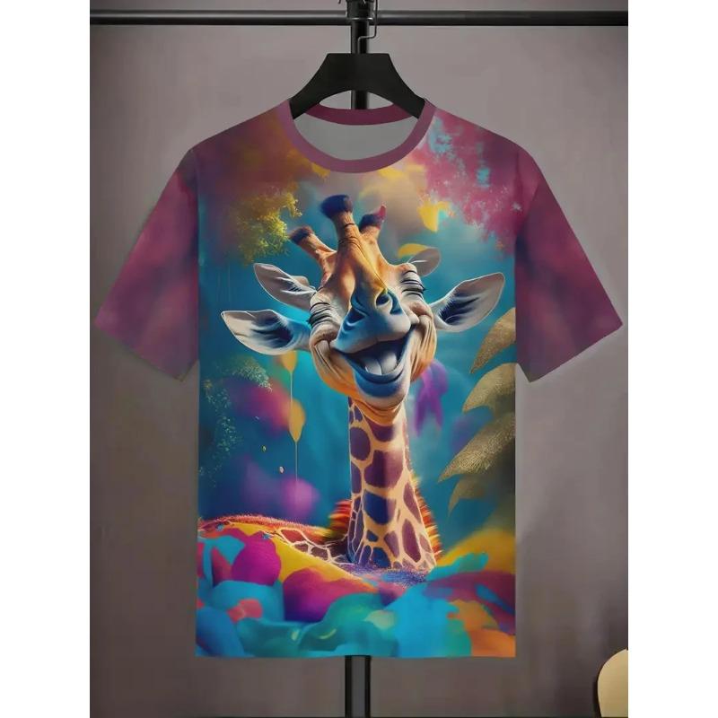 Summer Round Neck 3D Giraffe Graphic Print Top Fashionable Casual Short Sleeved Men's T-shirts