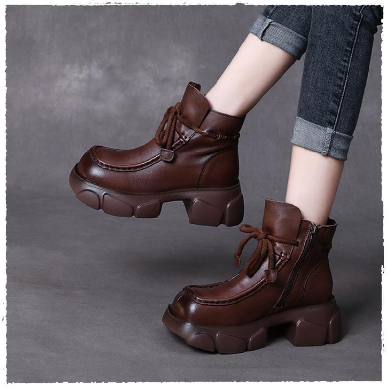 Johnature Retro Genuine Leather Platform Short Boots Women Shoes Thick Soled Square Toe Boots