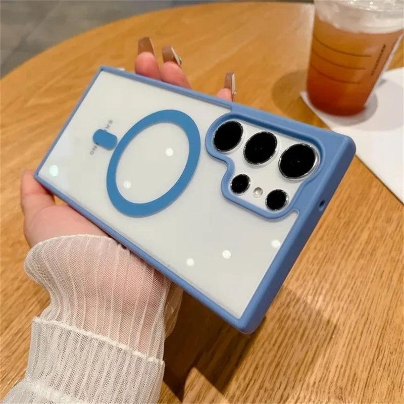 Frosted Frame Magnetic Magsafe Cases For Samsung Galaxy S24 S23 S22 Ultra Plus Wireless Charging Acrylic Bumper Cell Phone Cover