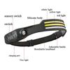 Rechargeable LED Headlamp Flashlight for Running Hiking Fishing 350 Lumens Outdoor COB Three Lights Silicone Motion Sensor USB