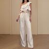 Women Summer Jumpsuit Ruffle Sleeveless High Waist Wide Leg One Shoulder Slant Neck Solid Color OL Commute Style Slim Fit Long Jumpsuit
