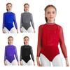 Girls Dance Leotard Long Sleeve Keyhole Back Design Sequins Rhinestones Sheer Mesh Figure Skating Outfit