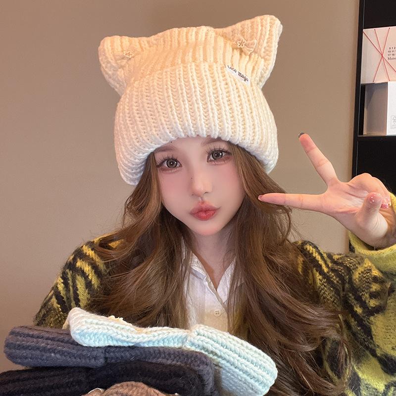 Korean Bow Hat Women's Cute Cat Ear Knitted Hat Outdoor Warm Versatile Wool Hat Student Pullover Cold Hat