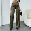 Women Pants Mid-rise Solid Color Loose Fit Wide Leg Design Long Trousers Smooth Satin Casual Trousers Daily Wear