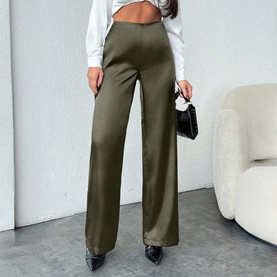 Women Pants Mid-rise Solid Color Loose Fit Wide Leg Design Long Trousers Smooth Satin Casual Trousers Daily Wear