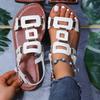 Round Headed Leather Ladies' Sandals Flat Casual Beach Shoes Comfortable Footwear with Metal Decoration for Women