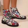 Fashion Women's Fashion Chunky Single Boots Fall New Round Front Lace-up Print Comfortable Low Heel Ankle Boots