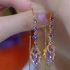 Purple Qi Rhinestone Maple Leaf Long Tassel Versatile Earrings