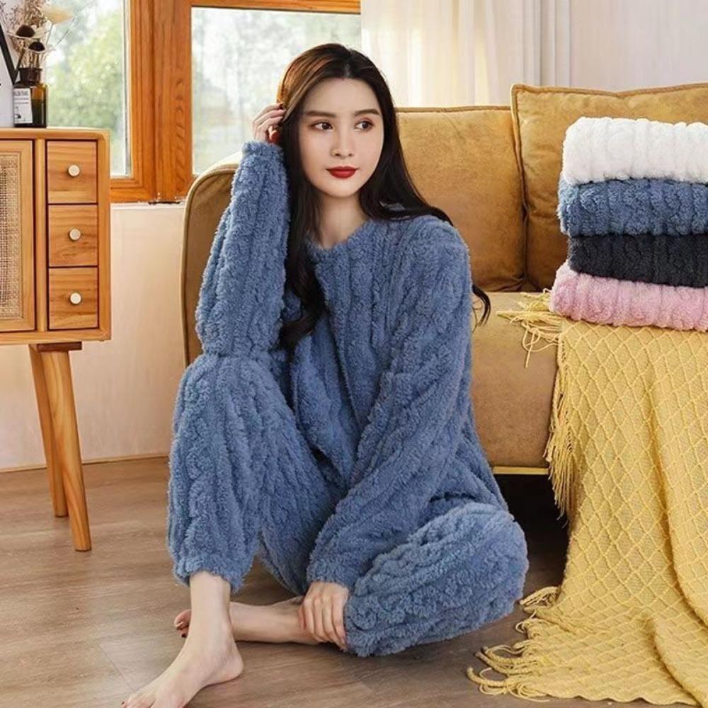 Autumn Women Solid Warm 2 Piece Sets Thicken Velvet Ribbed Fleece Set Pullover and Pants Women Casual Pajama Sets