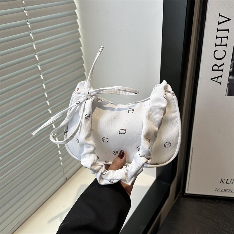 Japanese Sweet Foreign Niche Design Handbag Simple Shoulder Underarm Bag New Printed Pleated Crescent Bag